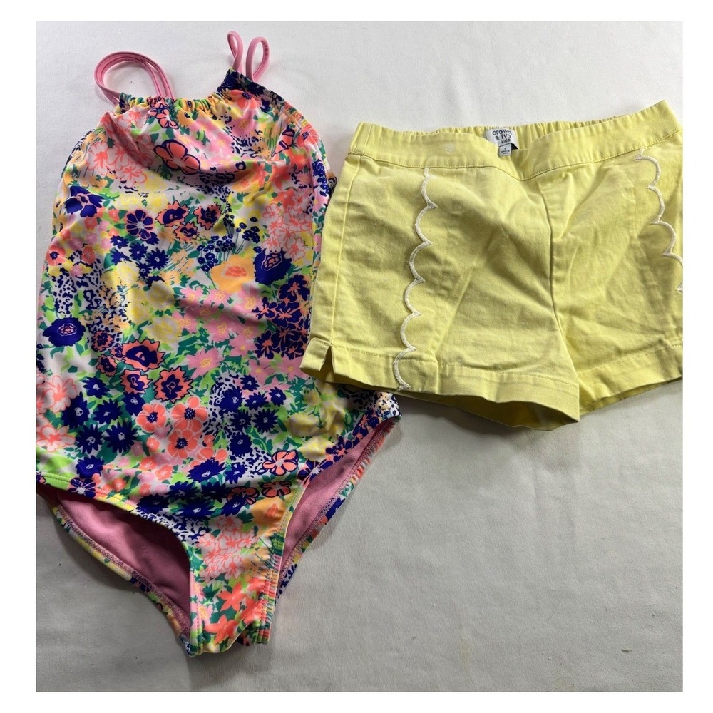 Crown & Ivy Kids Swimsuit & Shorts Set Size 8 S Floral Yellow Polka Dot 2pc